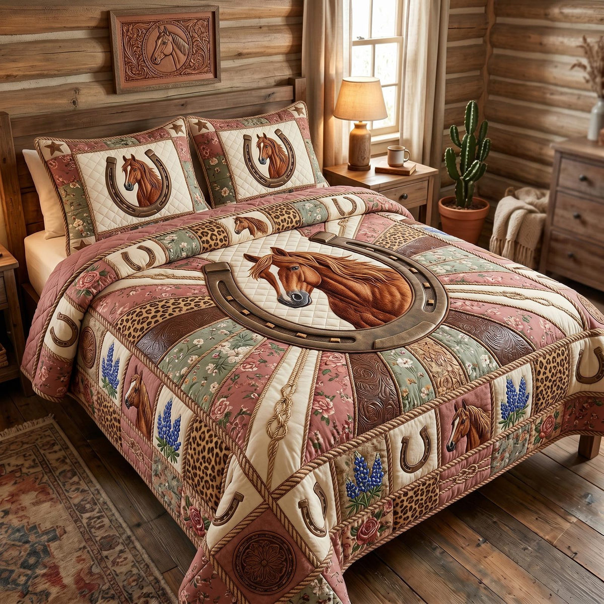 Western Soul quilted 3-piece bedding set on a made bed in a rustic timber bedroom