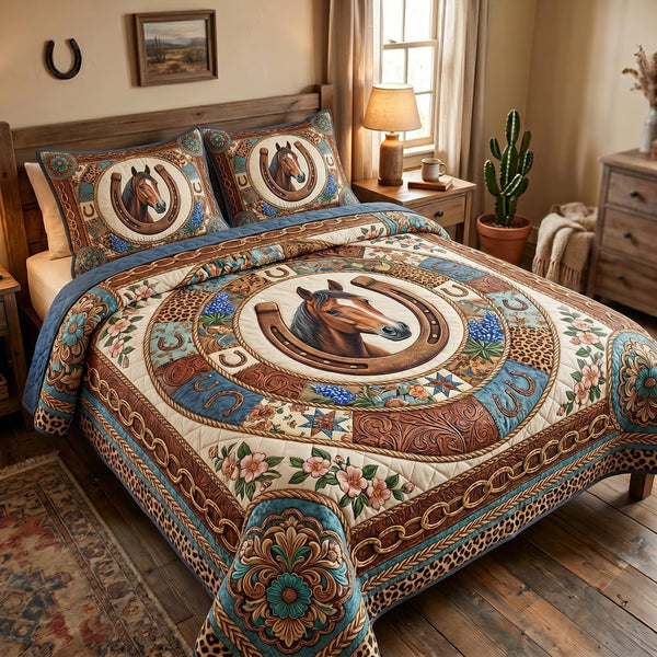 Western Soul quilted 3-piece bedding set on a made bed in a rustic timber bedroom