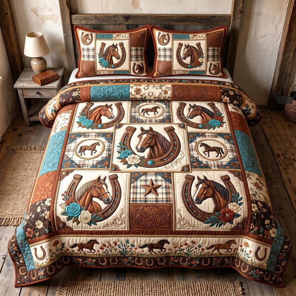 Western Soul quilted 3-piece bedding set on a made bed in a rustic timber bedroom