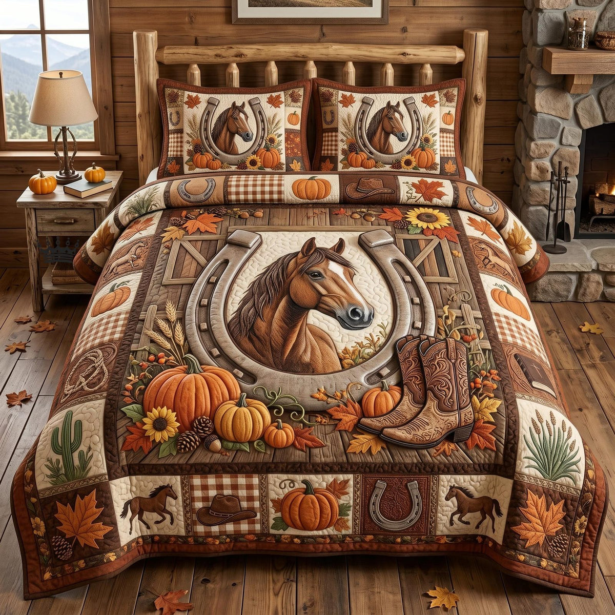 Western Soul quilted 3-piece bedding set on a made bed in a rustic timber bedroom