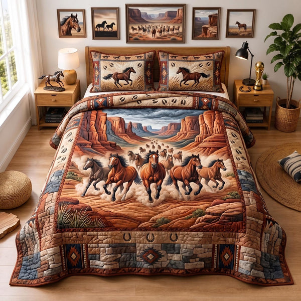 Western Soul quilted 3-piece bedding set on a made bed in a rustic timber bedroom