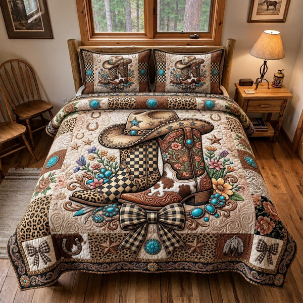 Western Spirit quilted 3-piece bedding set on a made bed in a rustic timber bedroom