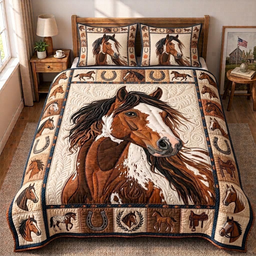 Western Spirit quilted 3-piece bedding set on a made bed in a rustic timber bedroom