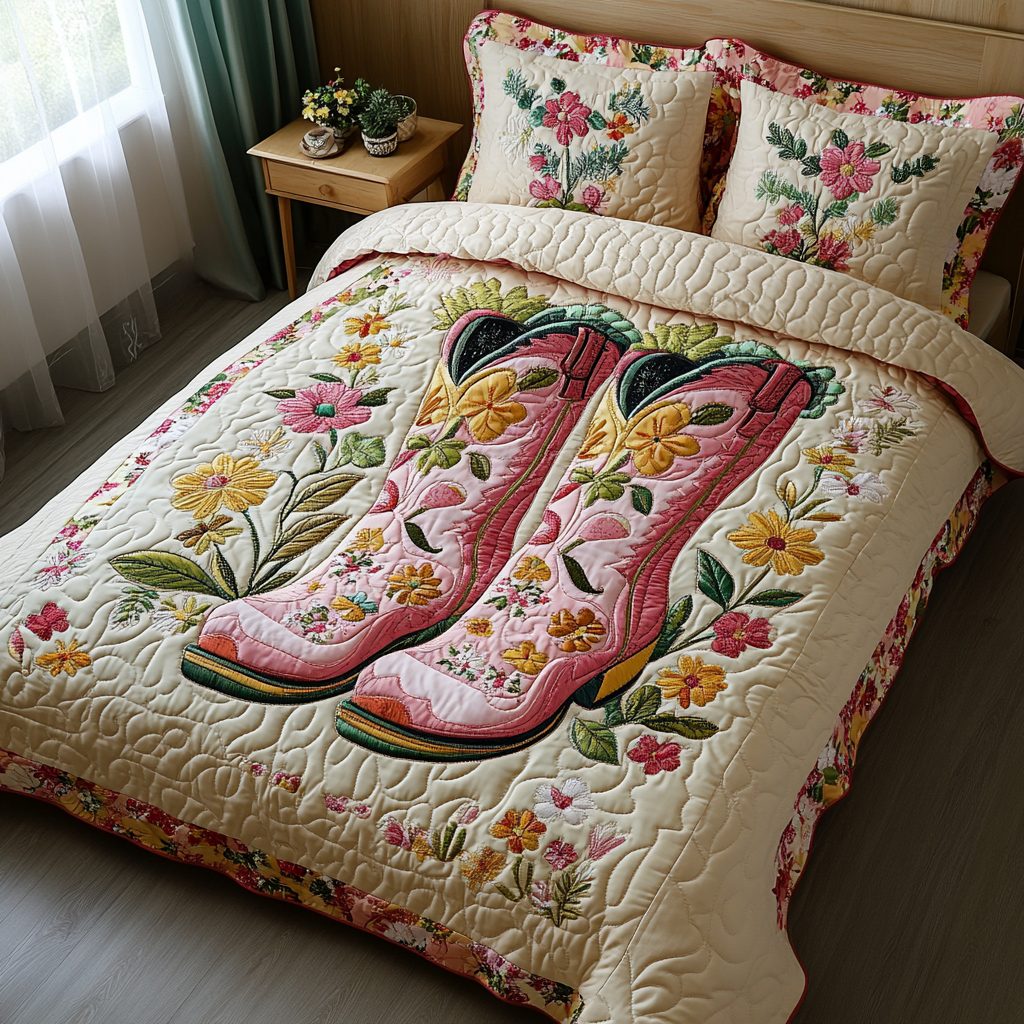 Western Spirit quilted 3-piece bedding set on a made bed in a rustic timber bedroom