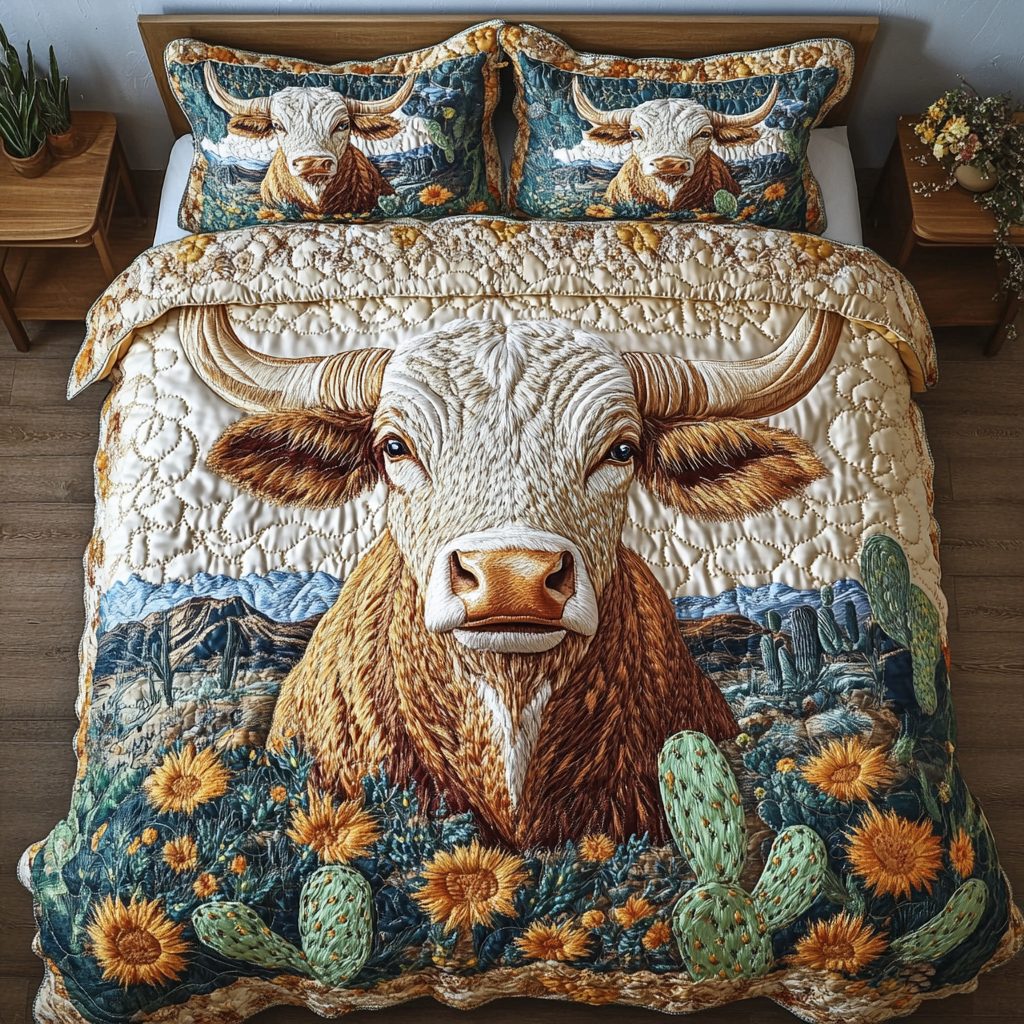Western Spirit quilted 3-piece bedding set on a made bed in a rustic timber bedroom