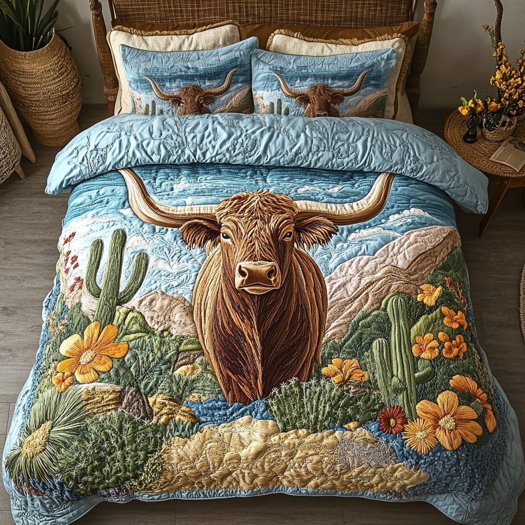 Western Spirit quilted 3-piece bedding set on a made bed in a rustic timber bedroom