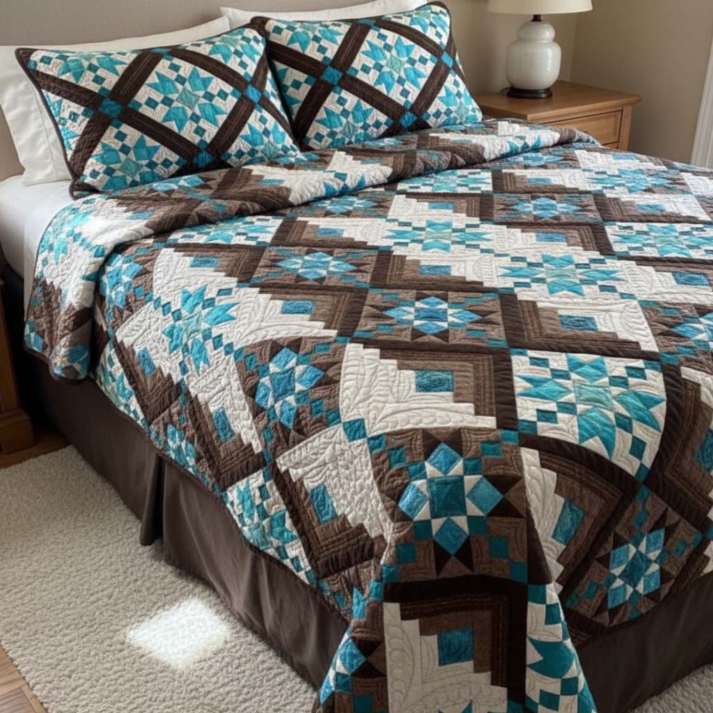 Western Starlight quilted 3-piece bedding set on a made bed in a rustic timber bedroom
