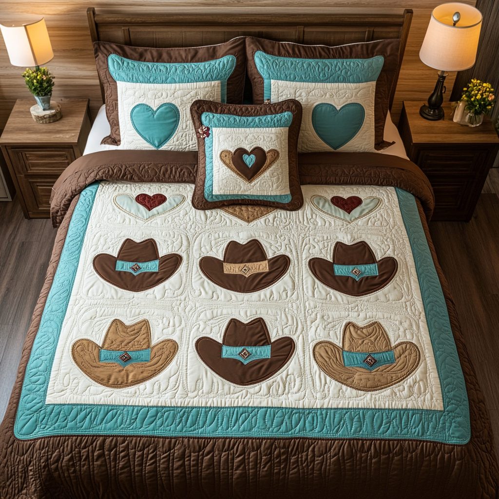 Western Trail quilted 3-piece bedding set on a made bed in a rustic timber bedroom