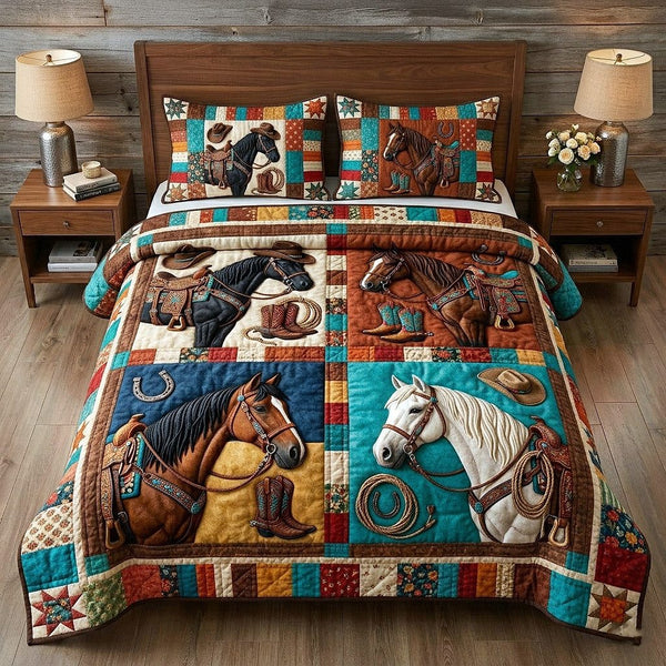 Western Trails quilted 3-piece bedding set on a made bed in a rustic timber bedroom