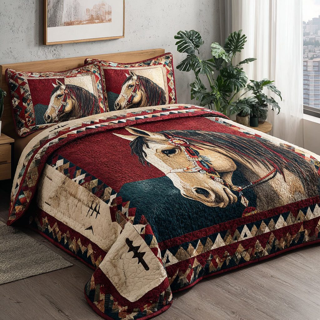 Western Trails quilted 3-piece bedding set on a made bed in a rustic timber bedroom