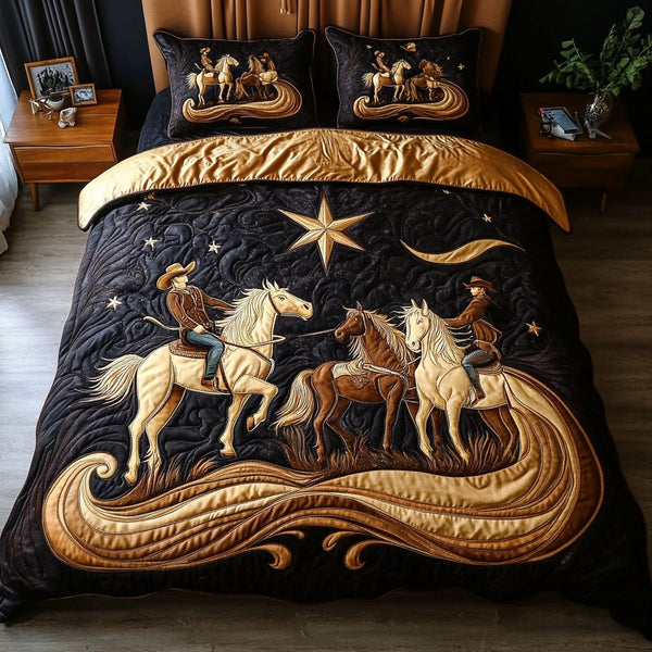 Western Trails quilted 3-piece bedding set on a made bed in a rustic timber bedroom
