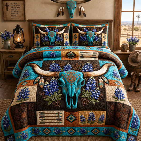 Western Turquoise Longhorn Bluebonnet quilted 3-piece bedding set on a made bed in a rustic timber bedroom