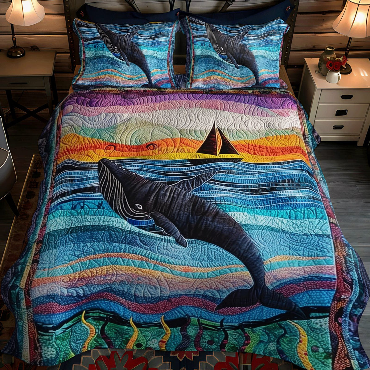 Whale's Whisper quilted 3-piece bedding set on a made bed in a light coastal bedroom