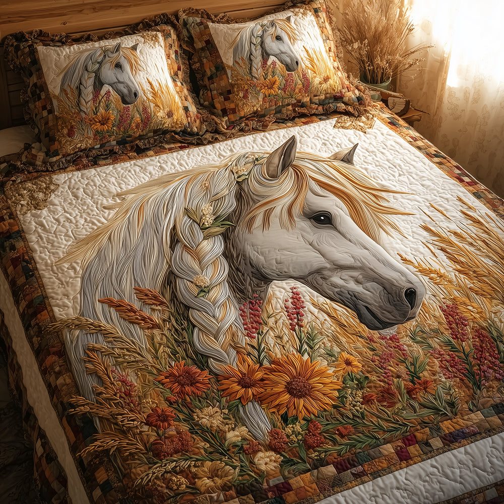 Wheatfield Horse Whisper quilted 3-piece bedding set on a made bed in a rustic timber bedroom