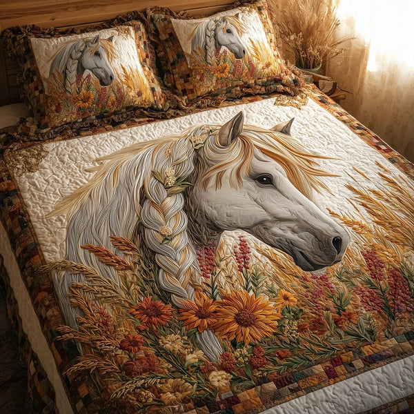 Wheatfield Horse Whisper quilted 3-piece bedding set on a made bed in a rustic timber bedroom