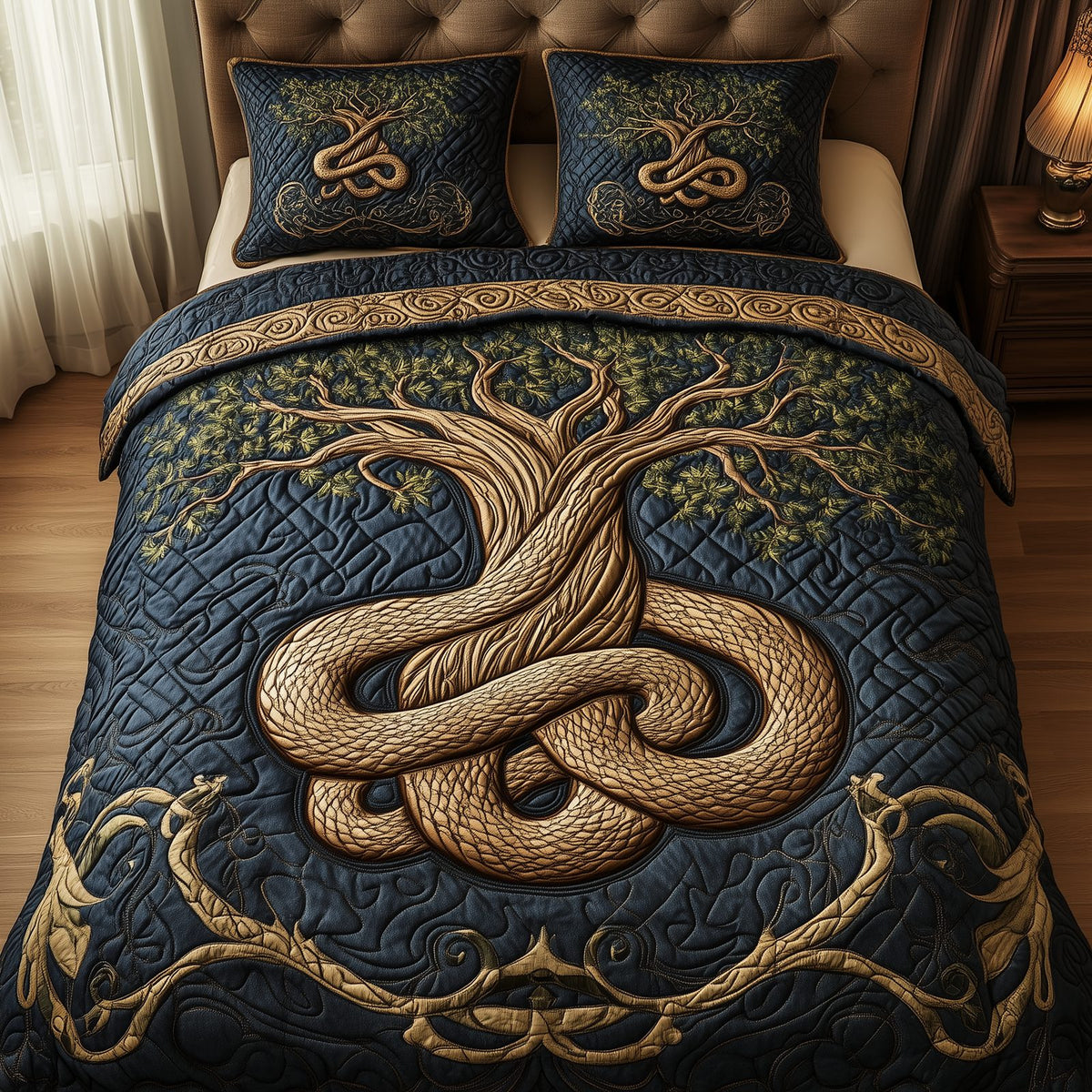 Wheel Of Eternity quilted 3-piece bedding set on a made bed with two matching pillow shams