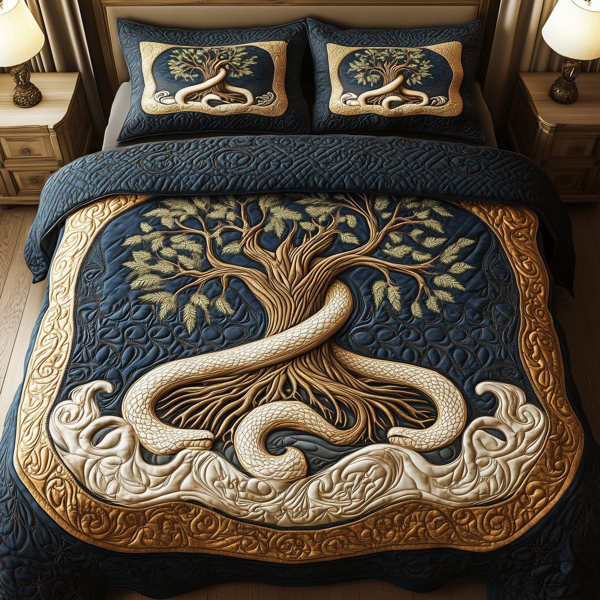 Wheel Of Eternity quilted 3-piece bedding set on a made bed with two matching pillow shams