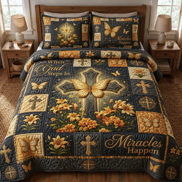 When God Steps In Miracles Happen quilted 3-piece bedding set on a made bed in a softly lit bedroom