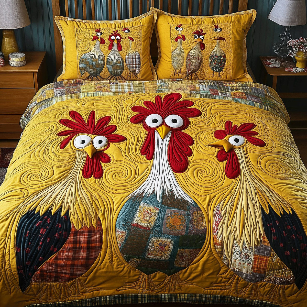 Whimsical Barnyard Bliss quilted 3-piece bedding set on a made bed with two matching pillow shams