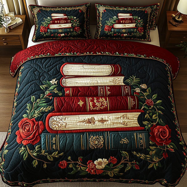 Whimsical Bookshelf quilted 3-piece bedding set on a made bed with two matching pillow shams