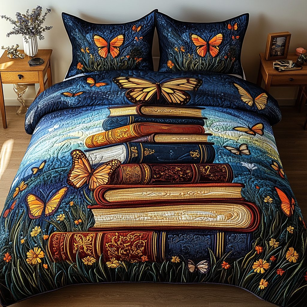 Whimsical Butterfly Stacks quilted 3-piece bedding set on a made bed with two matching pillow shams