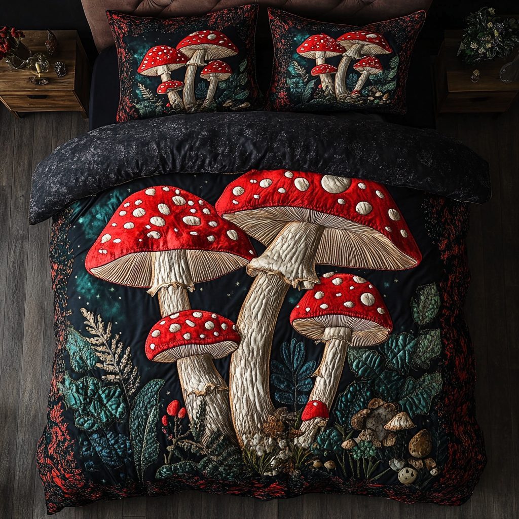 Whimsical Caps quilted 3-piece bedding set on a made bed with two matching pillow shams