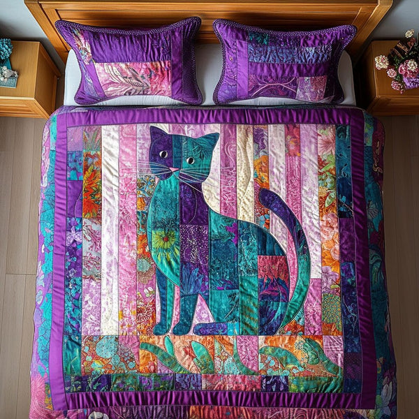 Whimsical Cat Patchwork quilted 3-piece bedding set on a made bed in a farmhouse bedroom