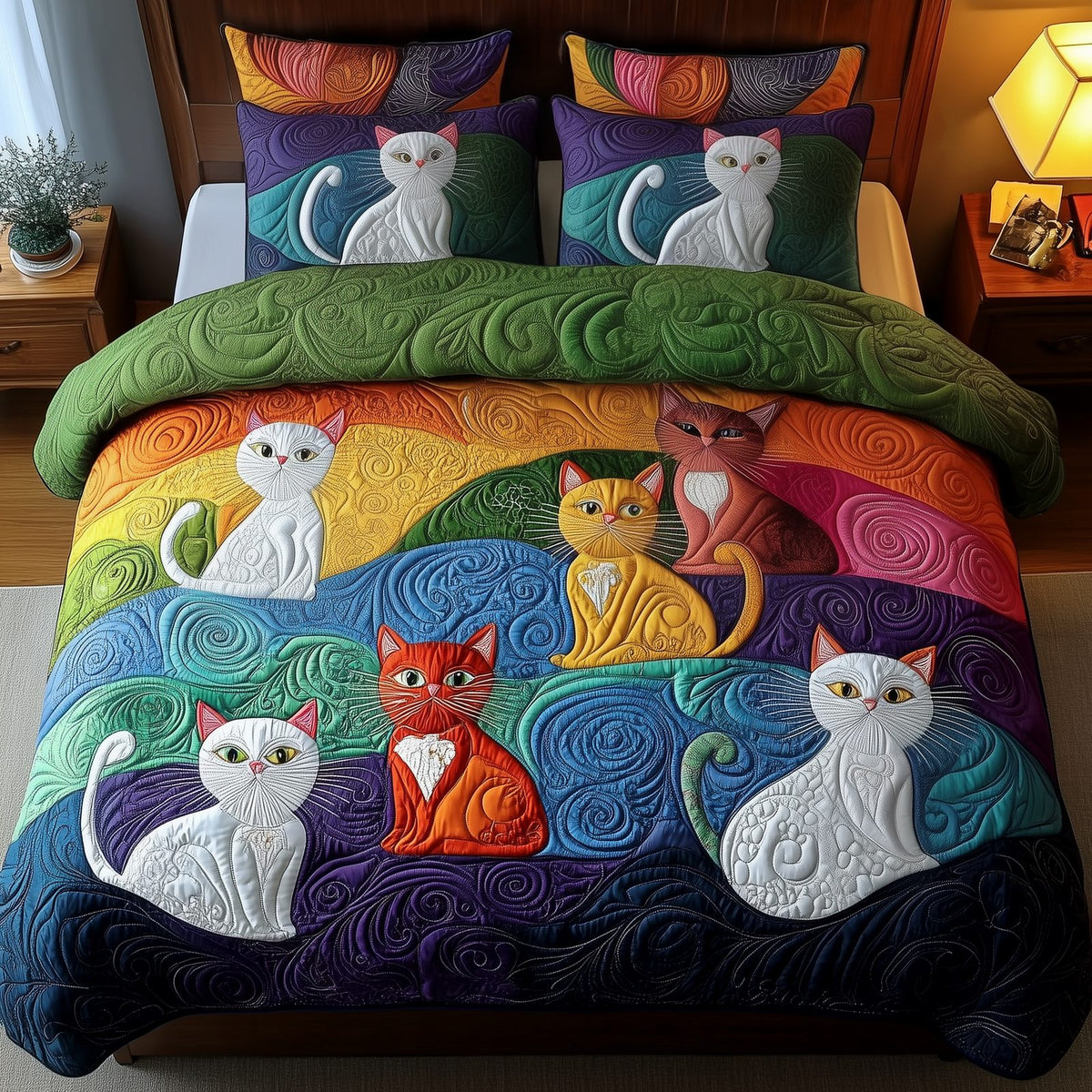 Whimsical Cat quilted 3-piece bedding set on a made bed with two matching pillow shams