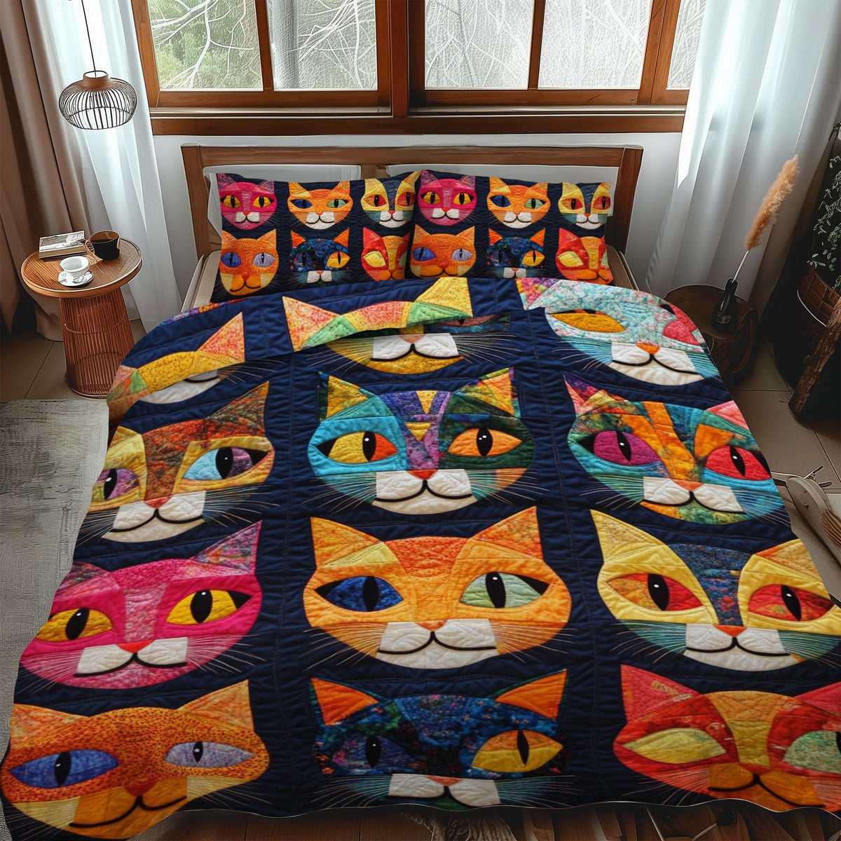 Whimsical Cat quilted 3-piece bedding set on a made bed with two matching pillow shams