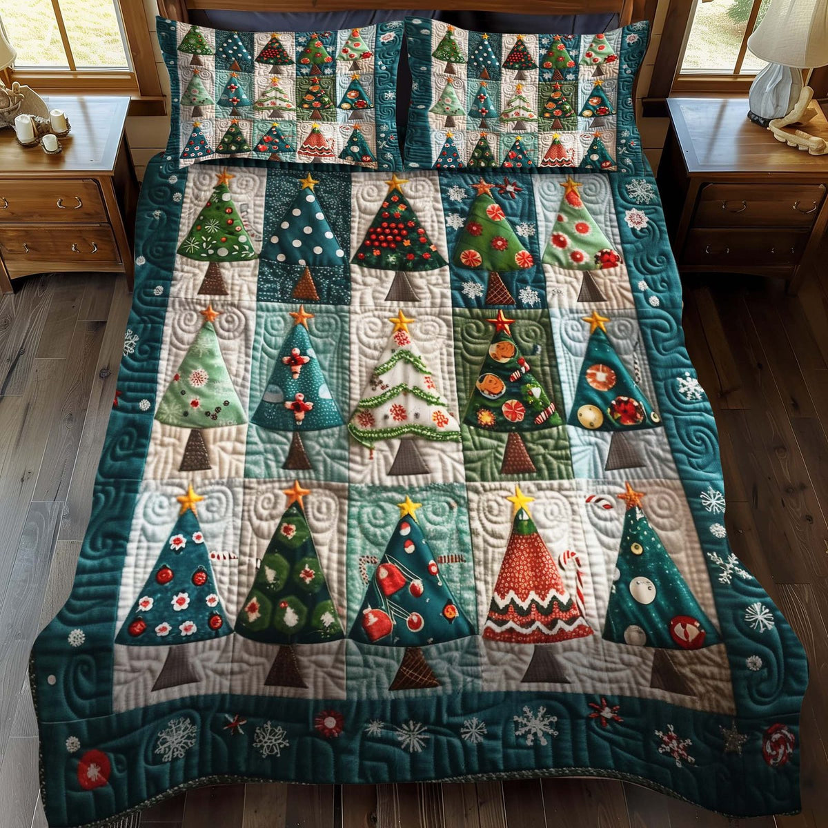 Whimsical Christmas Trees quilted 3-piece bedding set on a made bed in a winter-styled bedroom
