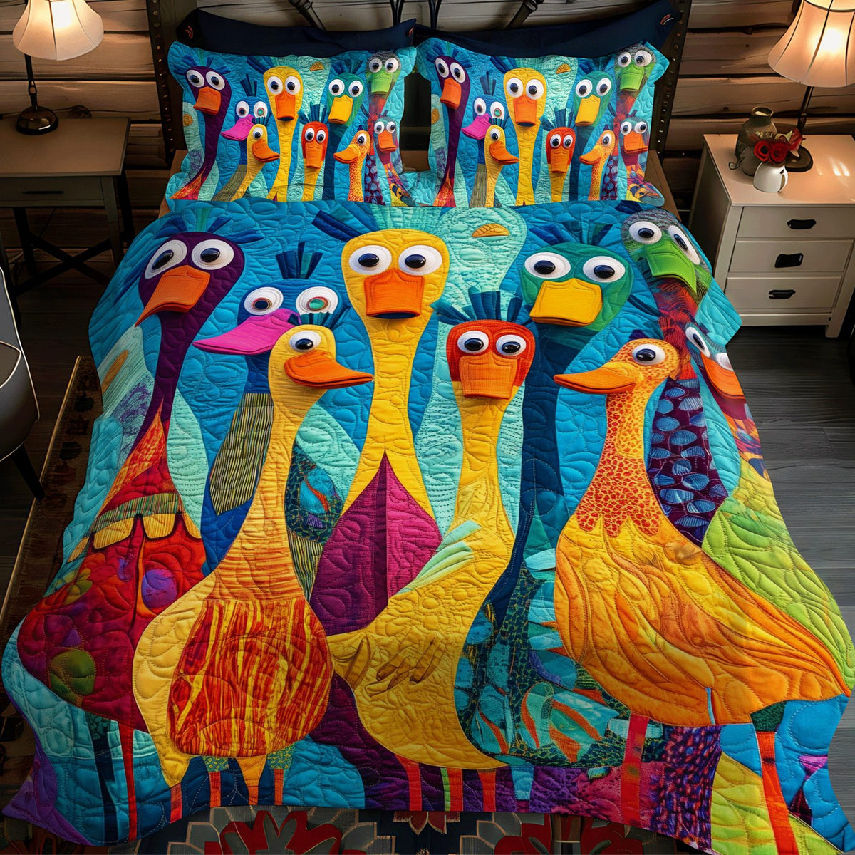 Whimsical Duck quilted 3-piece bedding set on a made bed with two matching pillow shams