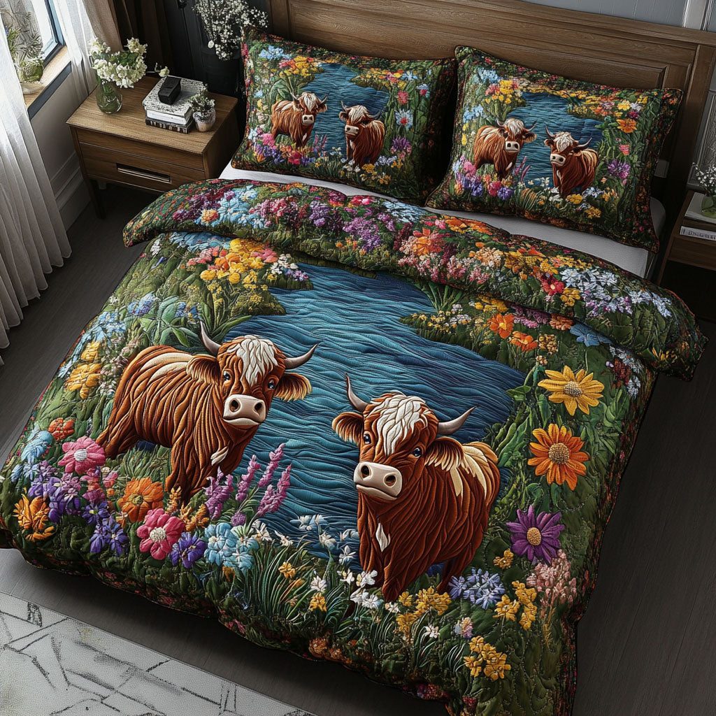 Whimsical Farm Vibes quilted 3-piece bedding set on a made bed with two matching pillow shams