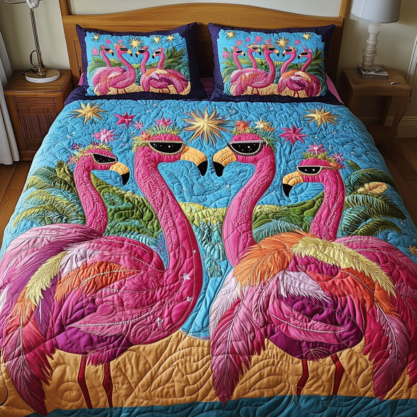 Whimsical Flamingo quilted 3-piece bedding set on a made bed with two matching pillow shams