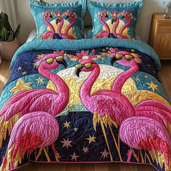 Whimsical Flamingo quilted 3-piece bedding set on a made bed with two matching pillow shams