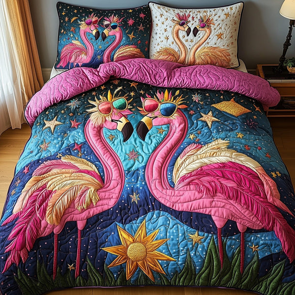 Whimsical Flamingo quilted 3-piece bedding set on a made bed with two matching pillow shams