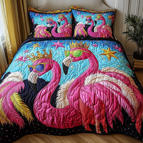 Whimsical Flamingo quilted 3-piece bedding set on a made bed with two matching pillow shams