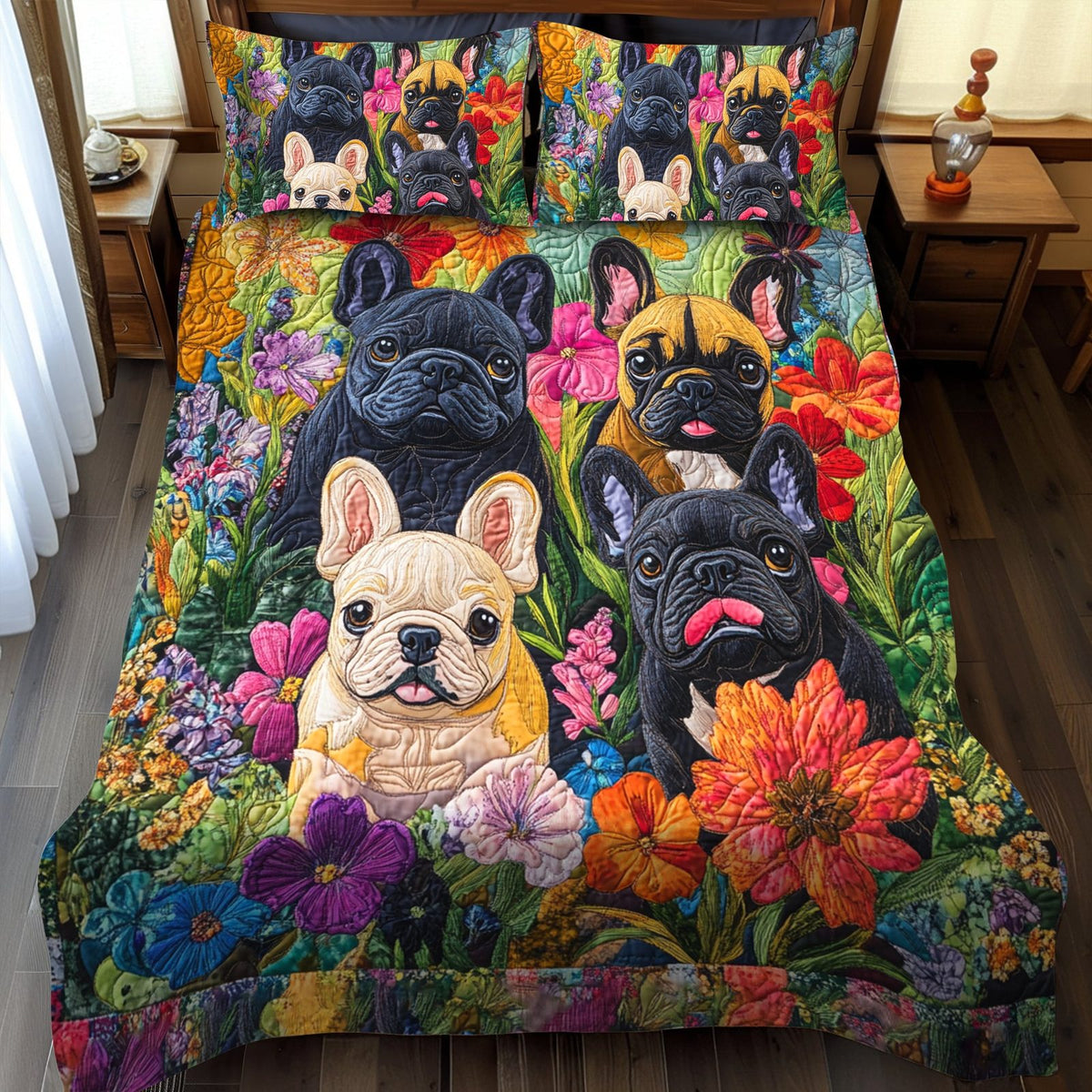 Whimsical French Bulldog quilted 3-piece bedding set on a made bed with two matching pillow shams