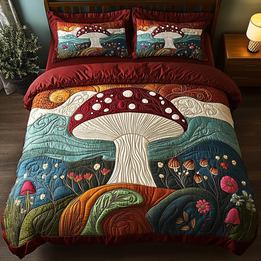 Whimsical Fungi quilted 3-piece bedding set on a made bed with two matching pillow shams