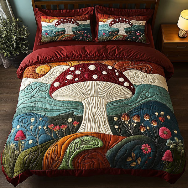 Whimsical Fungi quilted 3-piece bedding set on a made bed with two matching pillow shams