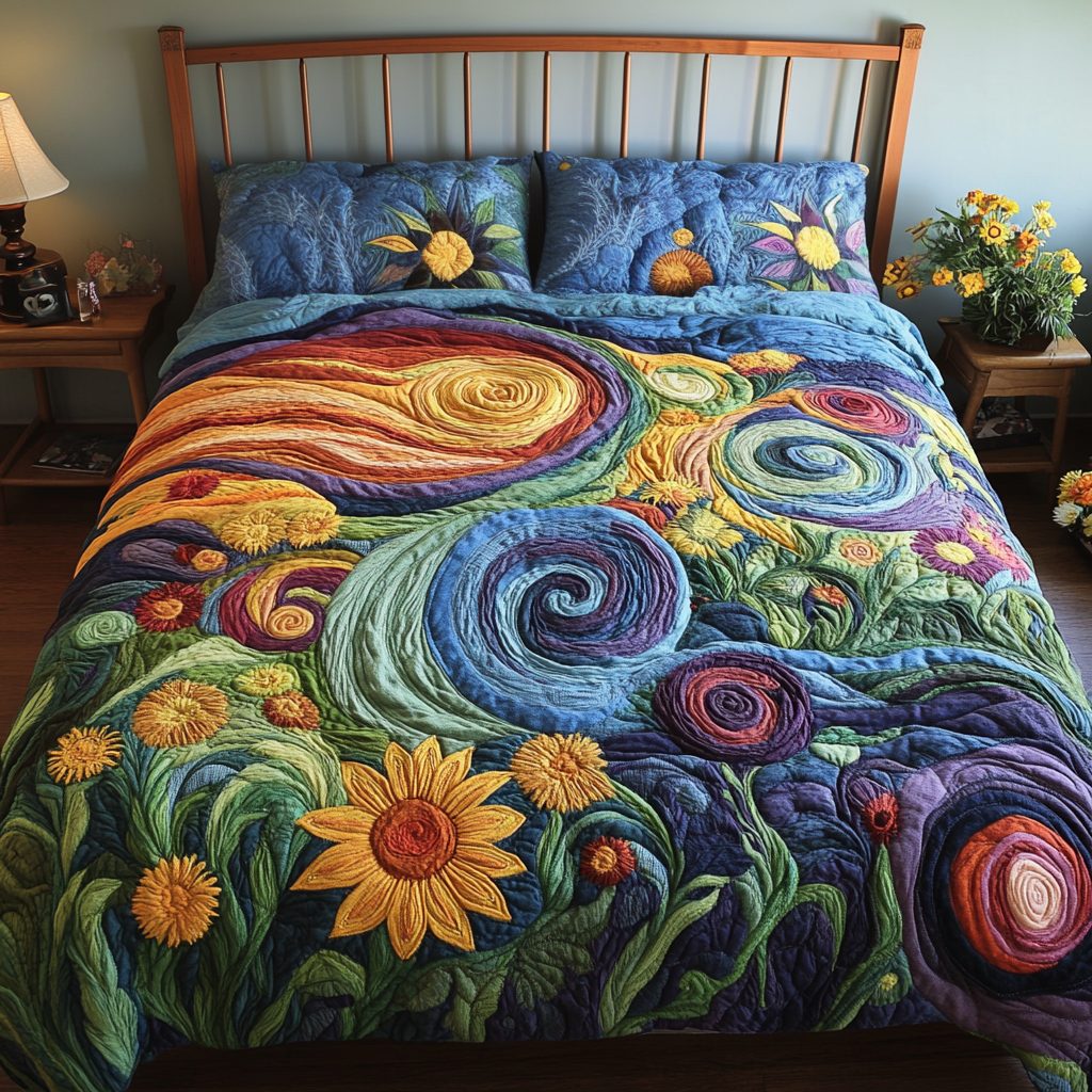 Whimsical Garden quilted 3-piece bedding set on a made bed with two matching pillow shams