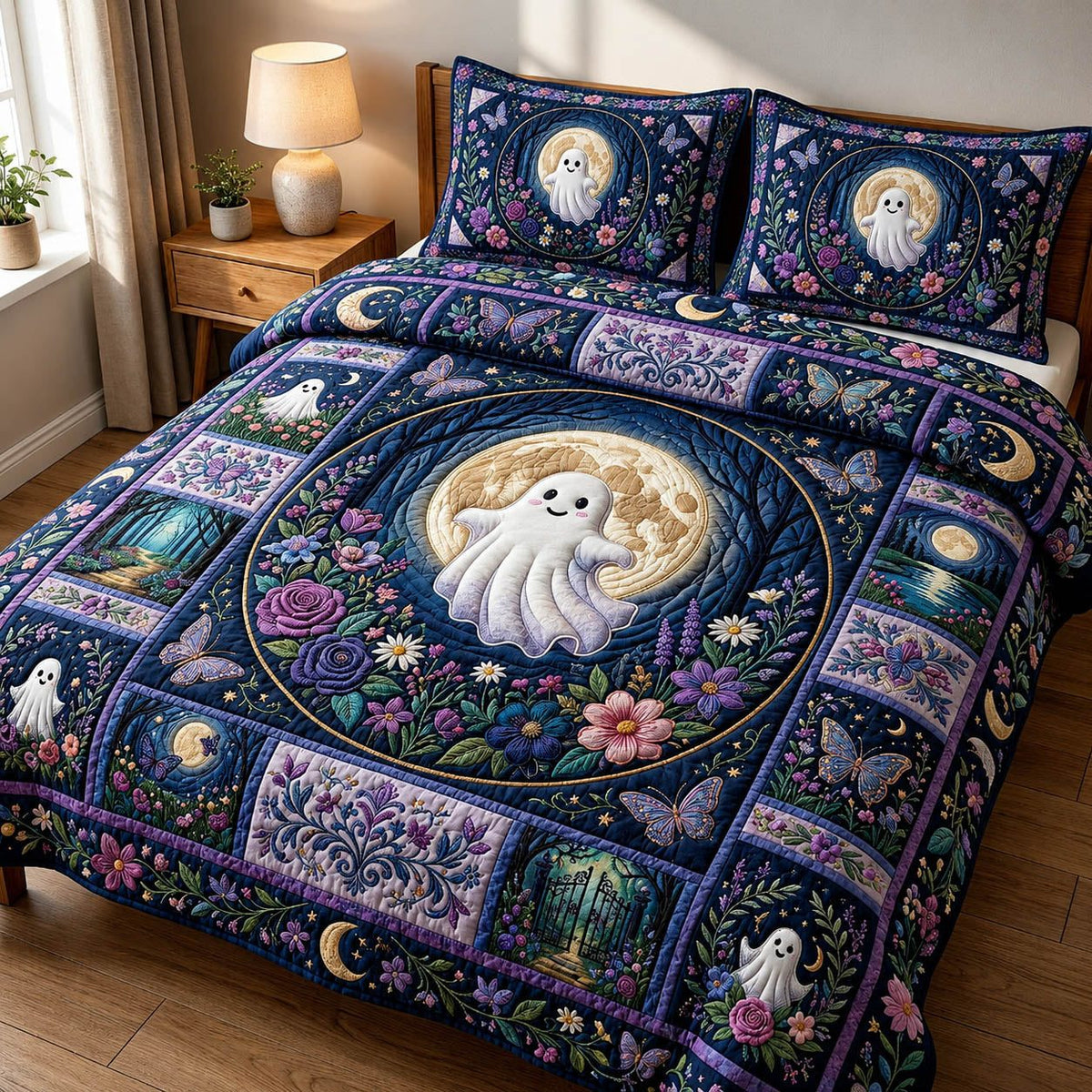Whimsical Ghost Moon quilted 3-piece bedding set on a made bed against a dark styled interior
