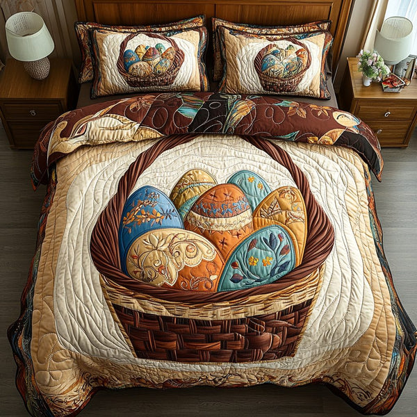 Whimsical Hatch quilted 3-piece bedding set on a made bed with two matching pillow shams