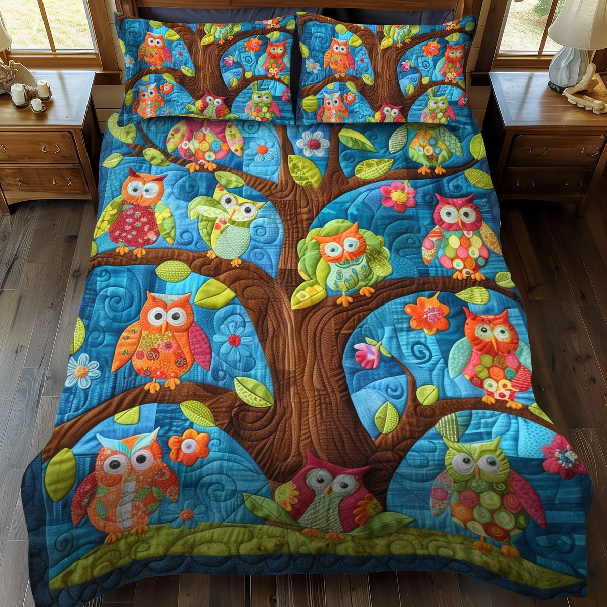 Whimsical Owls quilted 3-piece bedding set on a made bed with two matching pillow shams