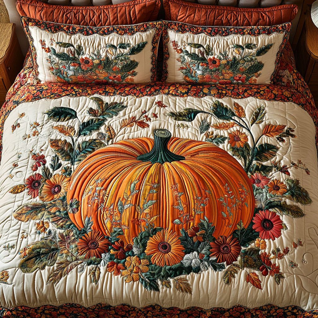 Whimsical Pumpkins quilted 3-piece bedding set on a made bed against a dark styled interior