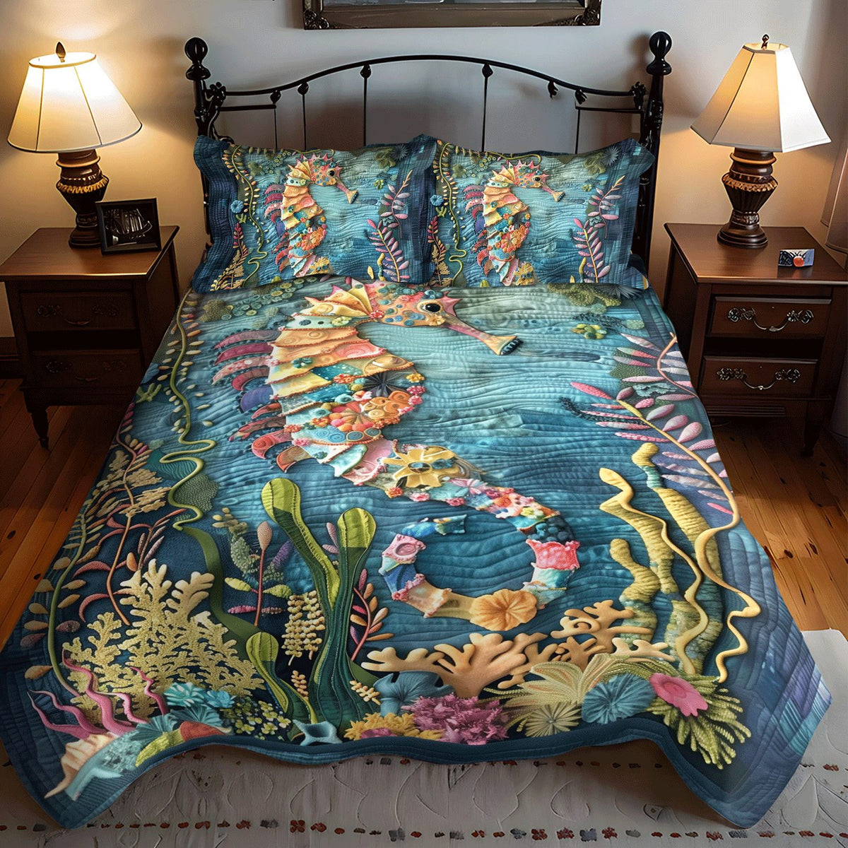 Whimsical Seahorse quilted 3-piece bedding set on a made bed in a light coastal bedroom