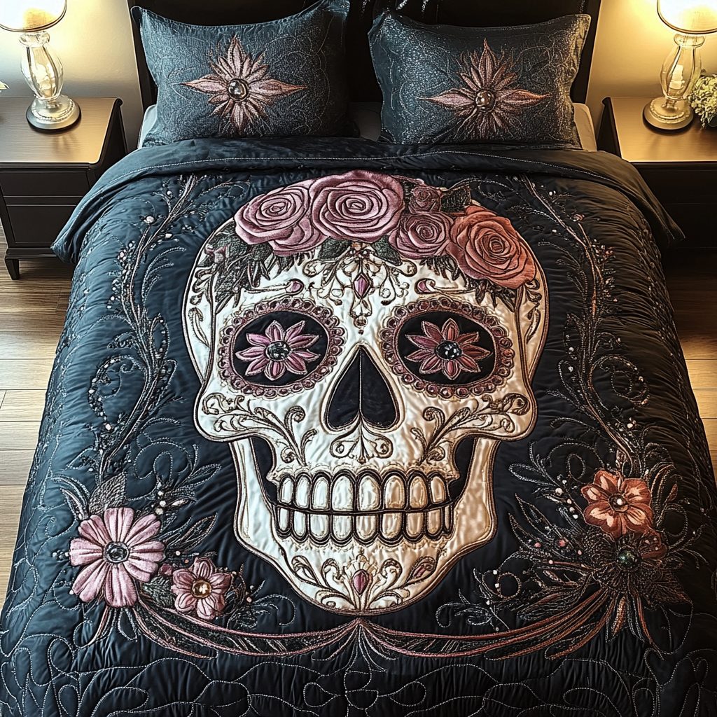 Whimsical Skull quilted 3-piece bedding set on a made bed against a dark styled interior