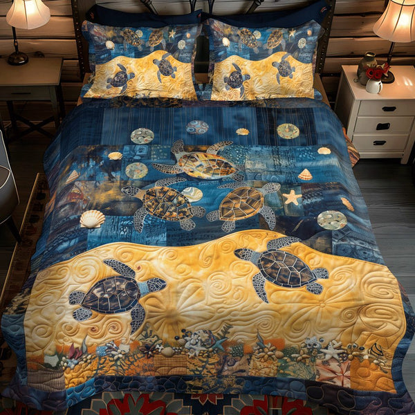 Whimsical Turtle Sea quilted 3-piece bedding set on a made bed in a light coastal bedroom