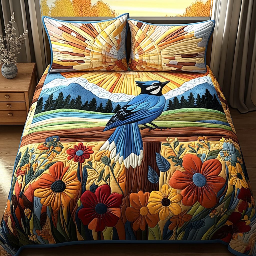 Whimsical Wings quilted 3-piece bedding set on a made bed with two matching pillow shams
