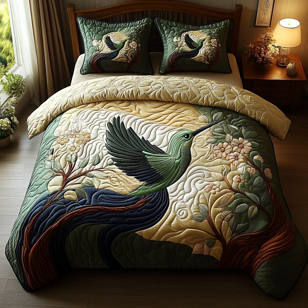 Whimsical Wings quilted 3-piece bedding set on a made bed with two matching pillow shams
