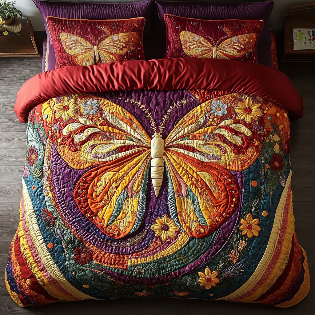 Whimsical Wings quilted 3-piece bedding set on a made bed with two matching pillow shams